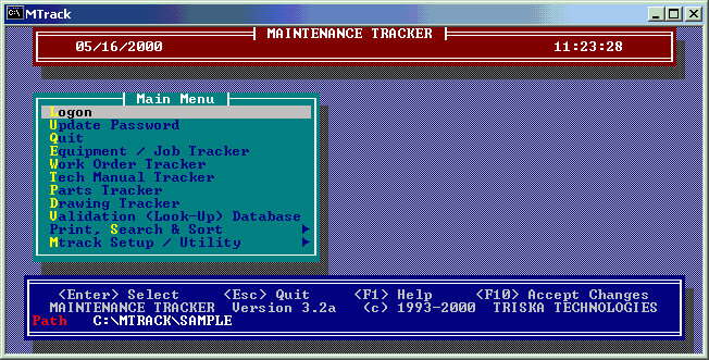 MTrack CMMS Main Menu